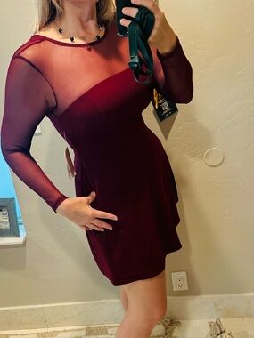 City Vibes Sheer Yoke Long Sleeve Fit & Flare Dress in Burgundy NWT